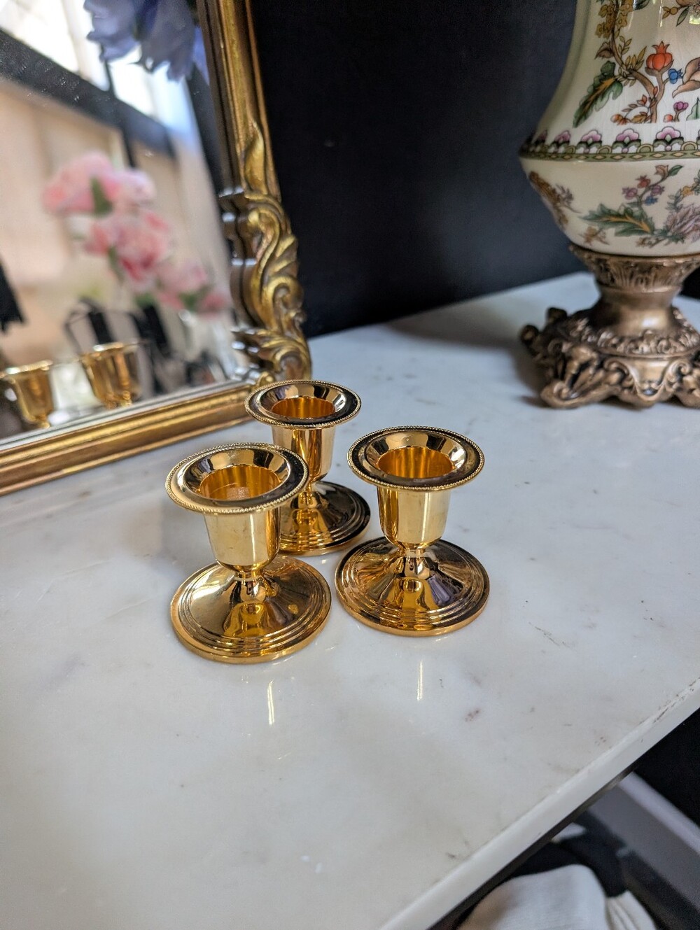 Vintage, Set of 3,  Polished Gold metal candle holders, 2"